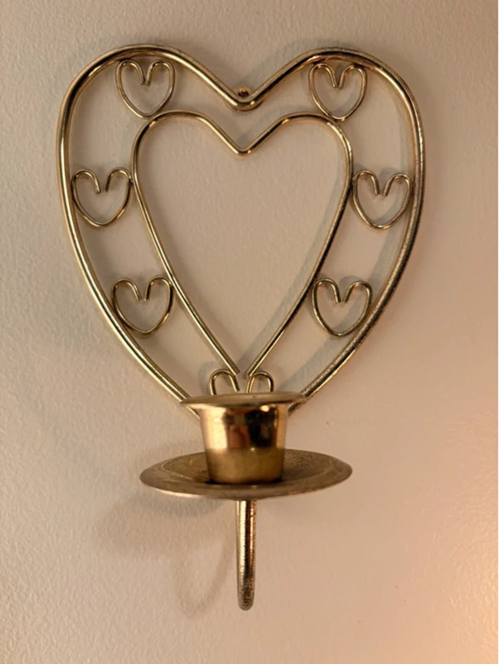 Vintage Brass-Tone Heart Wall Candle Sconces Pair Taper Holders 8”